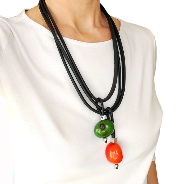 Long Necklace with Nuts (orange-green)